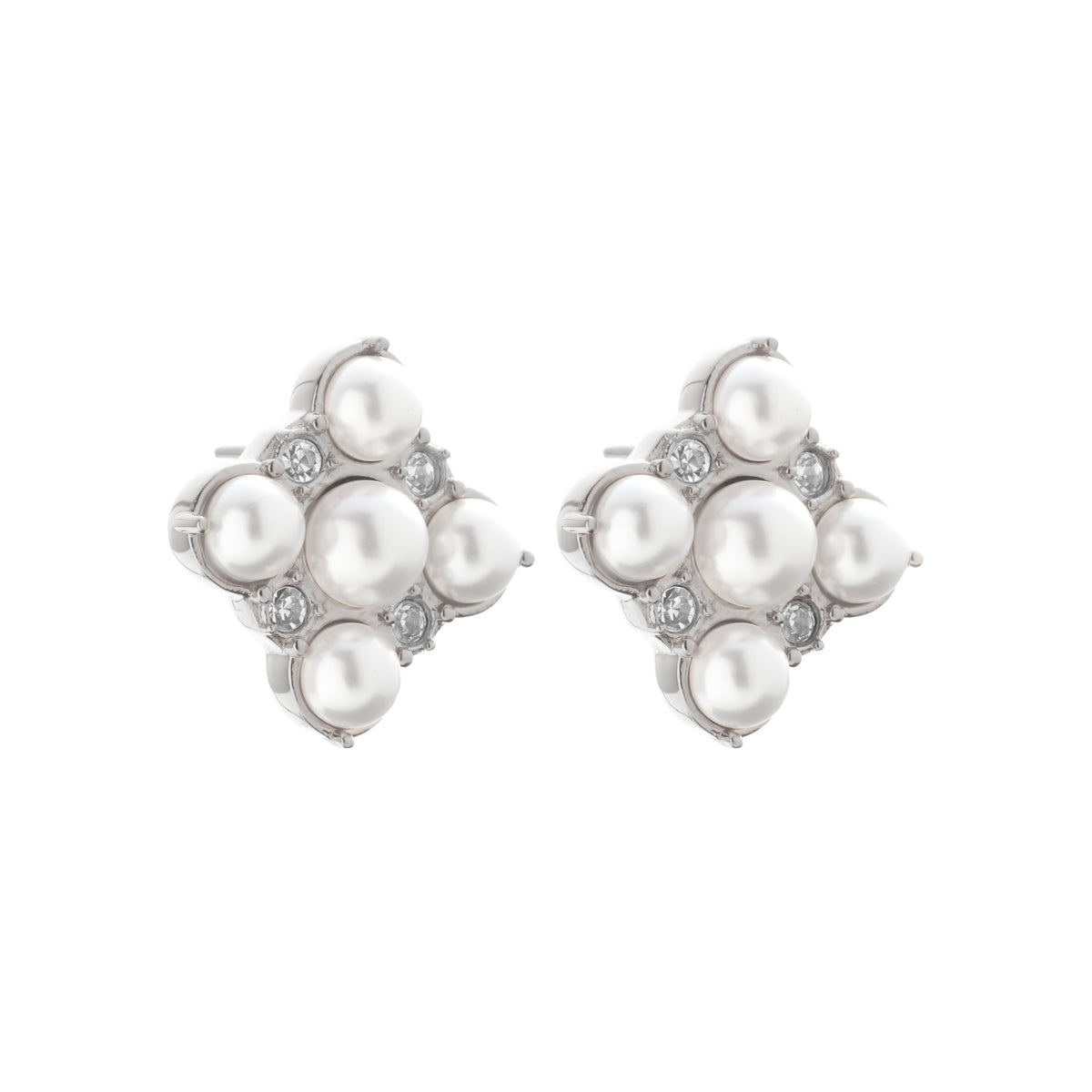 Silk & Steel Perla Studs with faux pearls and cubic zirconias in high polish stainless steel.