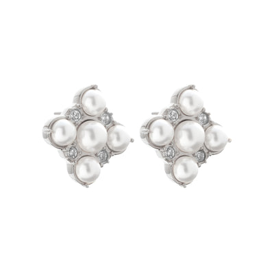 Silk & Steel Perla Studs with faux pearls and cubic zirconias in high polish stainless steel.