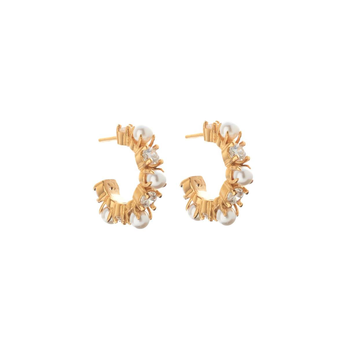 Silk & Steel Perla hoops in silver stainless steel with CZs and faux pearls.
