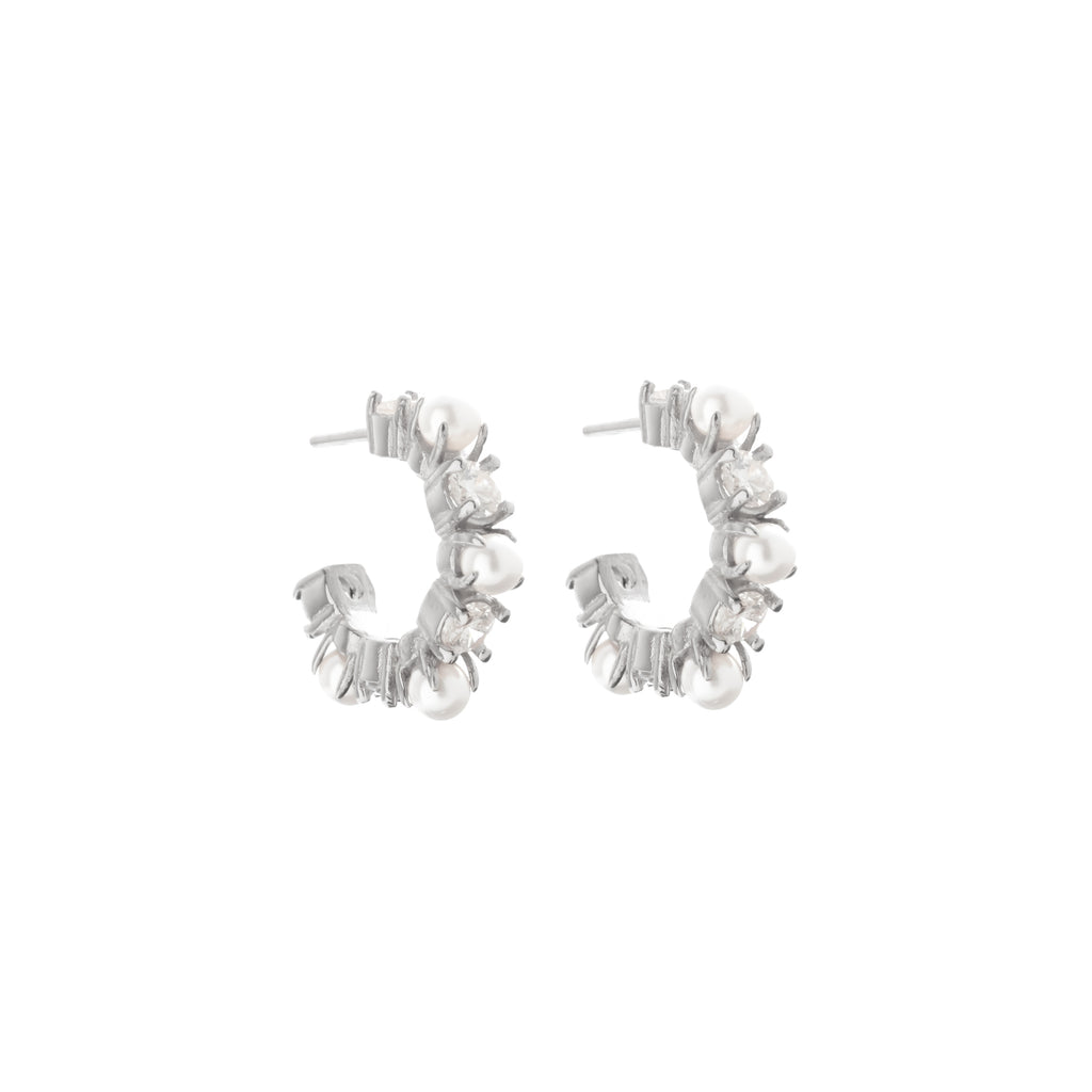 Silk & Steel Perla hoops in silver stainless steel with CZs and faux pearls.