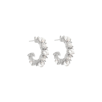 Silk & Steel Perla hoops in silver stainless steel with CZs and faux pearls.