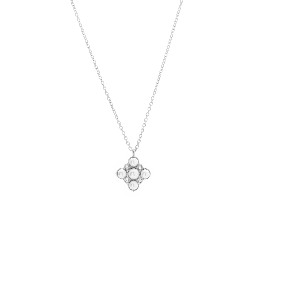 Silk & Steel Perla Necklace in silver stainless steel with CZs and faux pearls.
