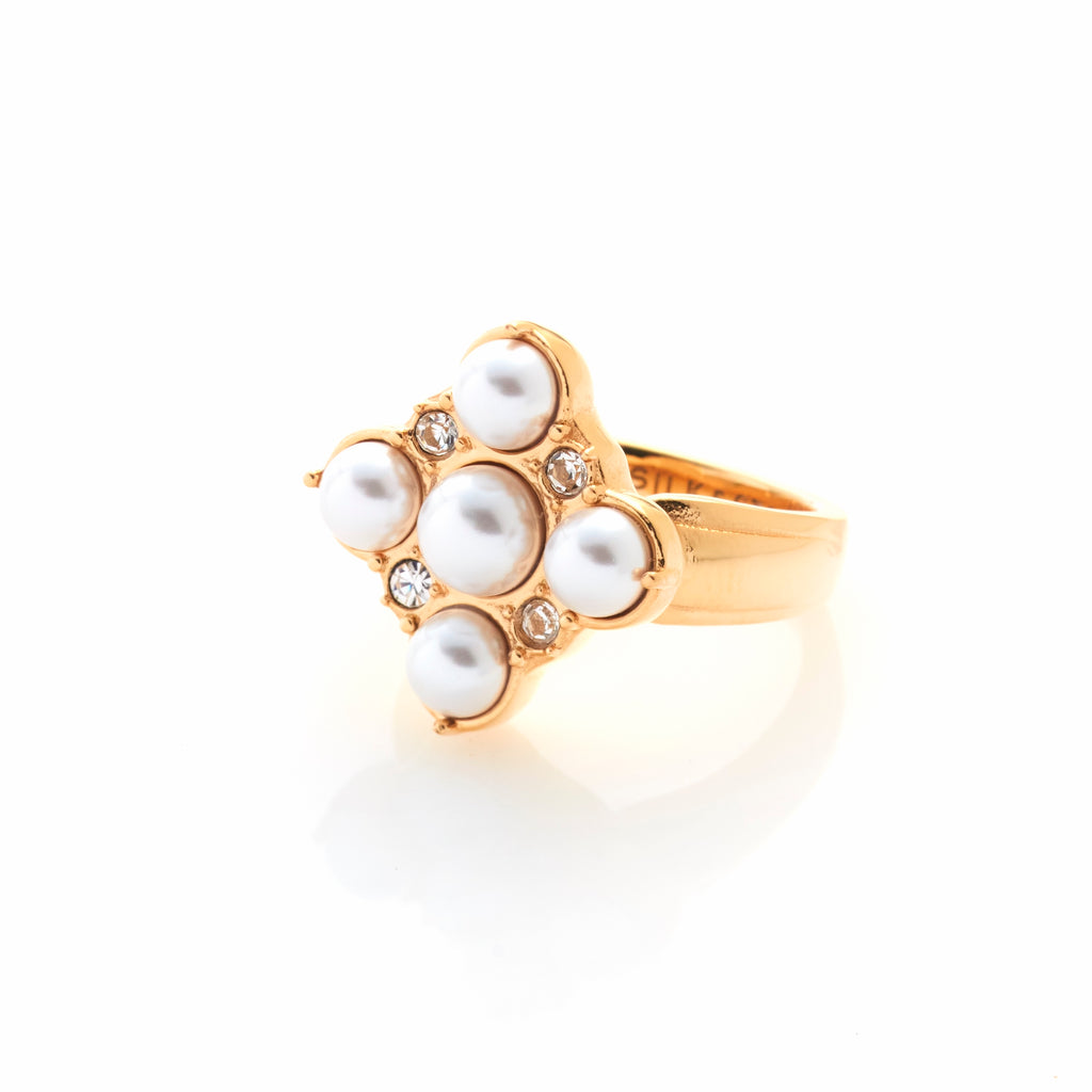 Silk & Steel Perla Ring in 14k gold-plated stainless steel with faux pearls and clear cubic zirconias.