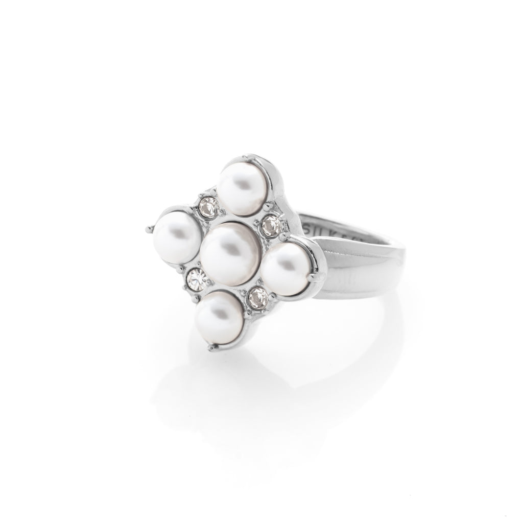 Silk & Steel Perla Ring in rhodium-plated stainless steel with faux pearls and clear cubic zirconias.