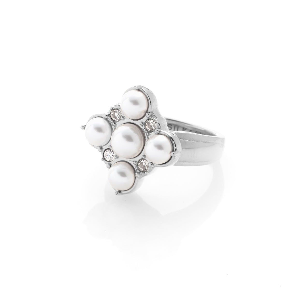 Silk & Steel Perla Ring in rhodium-plated stainless steel with faux pearls and clear cubic zirconias.