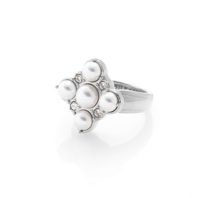 Silk & Steel Perla Ring in rhodium-plated stainless steel with faux pearls and clear cubic zirconias.