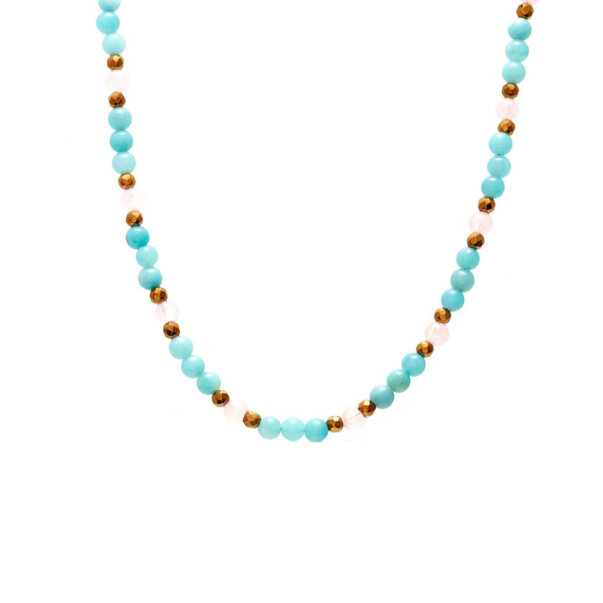 Silk & Steel Jewellery Serenity Necklace Amazonite, Rose Quartz + Gold