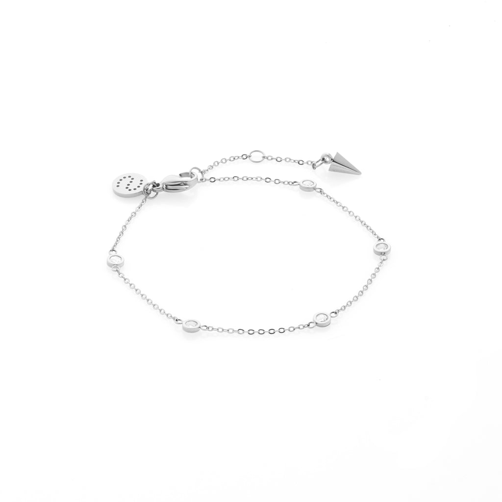 Silk & Steel Solstice Bracelet in rhodium-plated stainless steel with cubic zirconias.