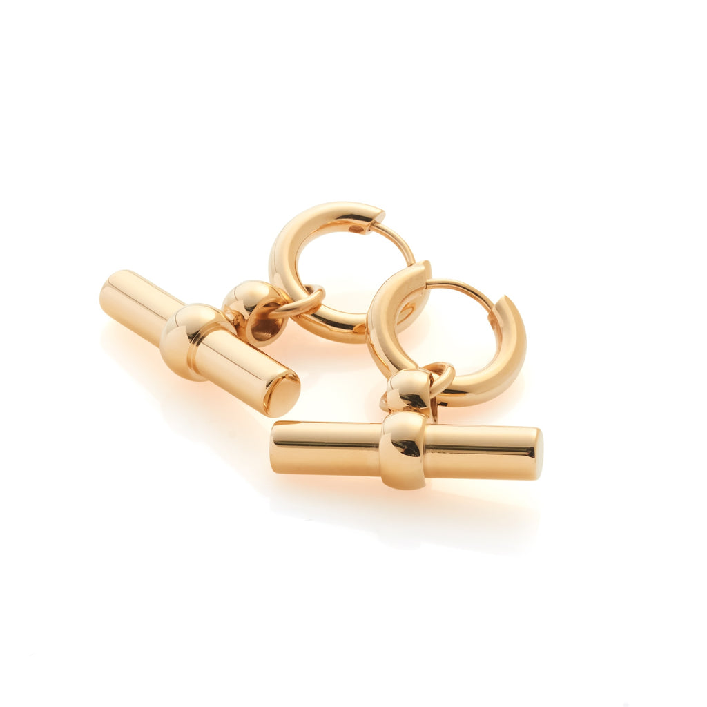 Silk & Steel Atlas Hoops with T-Bar pendant in 14k gold-plated stainless steel.