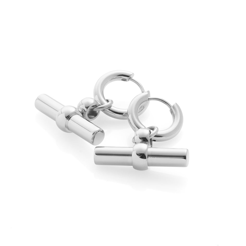 Silk & Steel Atlas Hoops with T-Bar pendant in high polish silver stainless steel.