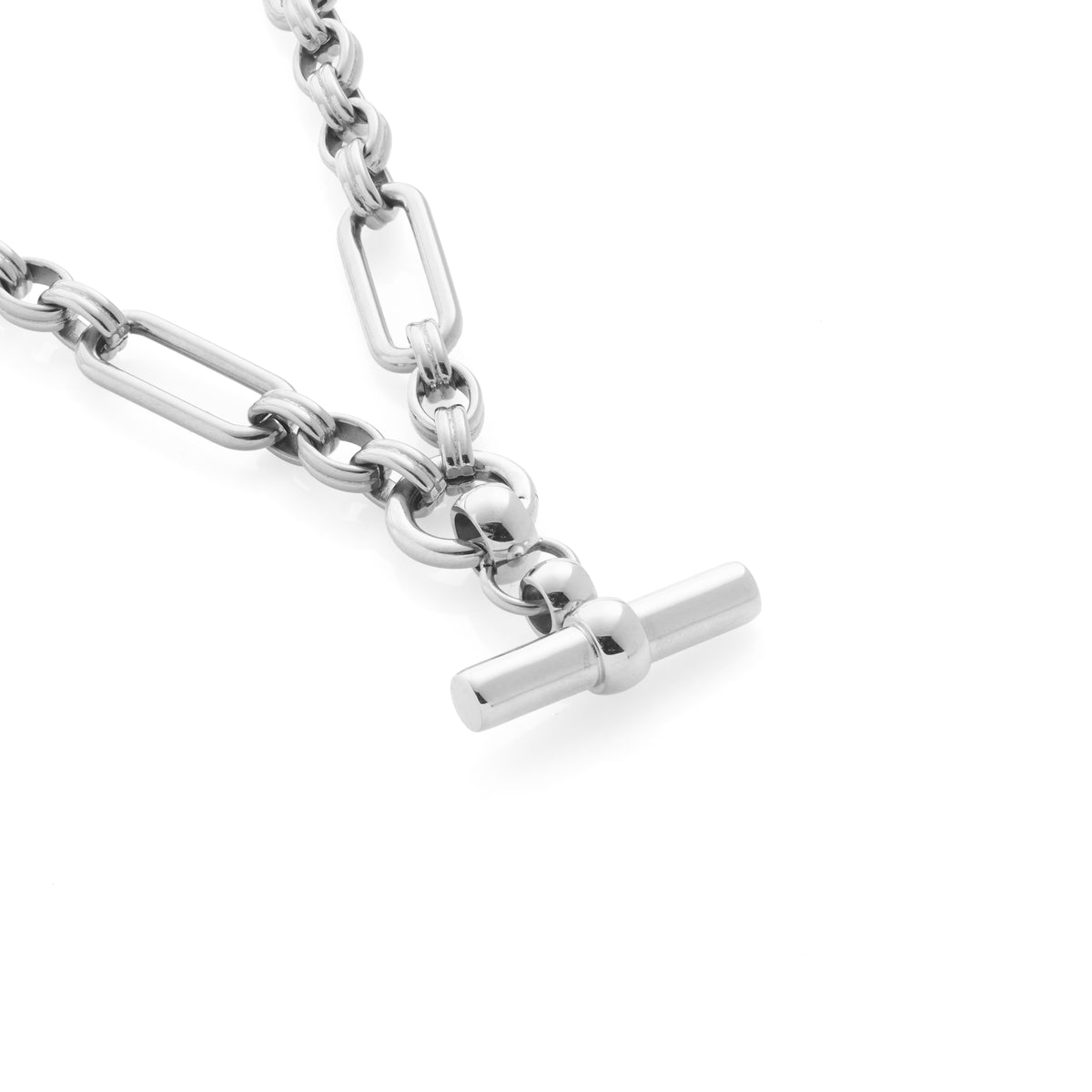 Silk & Steel Atlas Statement Detachable T-Bar Necklace in high polish silver stainless steel. 
