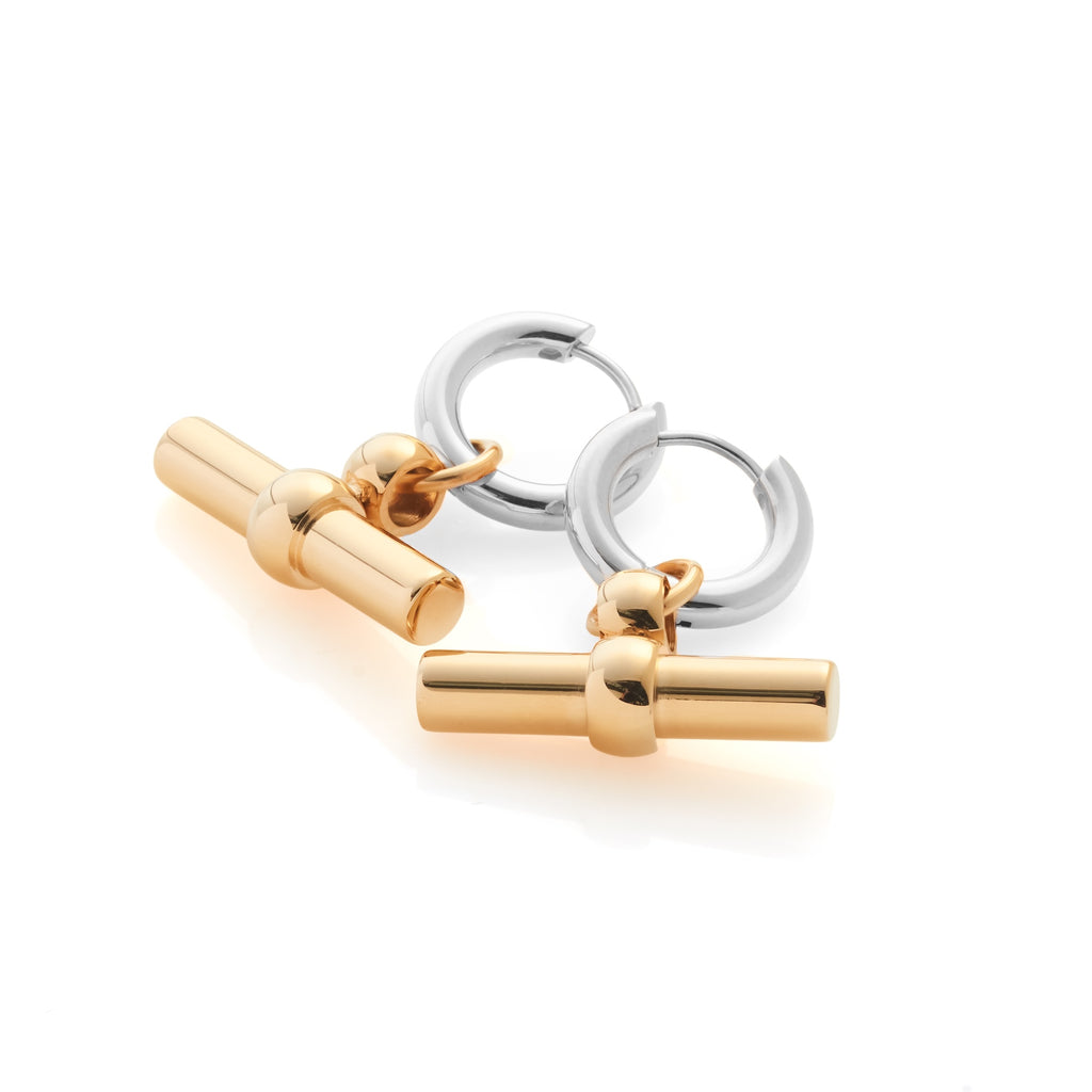 Silk & Steel Atlas Two Tone Hoops with T-Bar pendant in high polish silver and 14k gold-plated stainless steel.