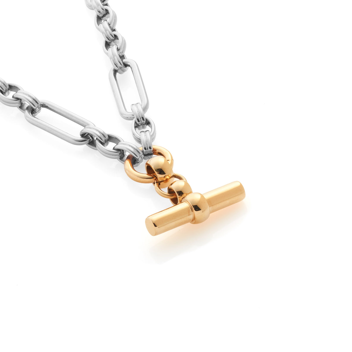Silk & Steel Two Tone Atlas Statement Detachable T-Bar Necklace in high polish silver and 14k gold-plated stainless steel. 