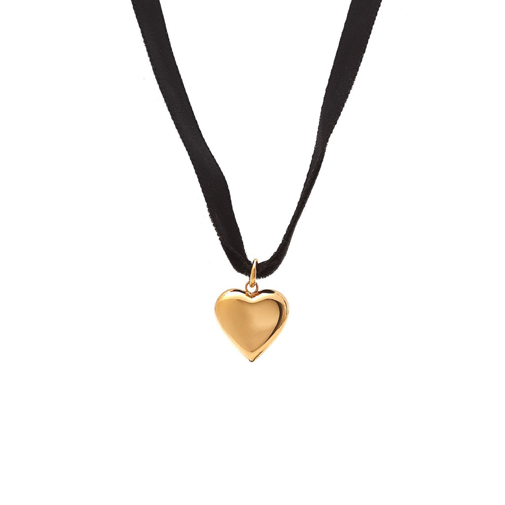 Silk & Steel cupid choker necklace in black velvet ribbon and puffed heart pendant in 14k gold-plated stainless steel.