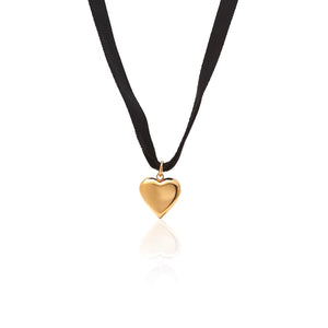 Silk & Steel cupid choker necklace in black velvet ribbon and puffed heart pendant in 14k gold-plated stainless steel.