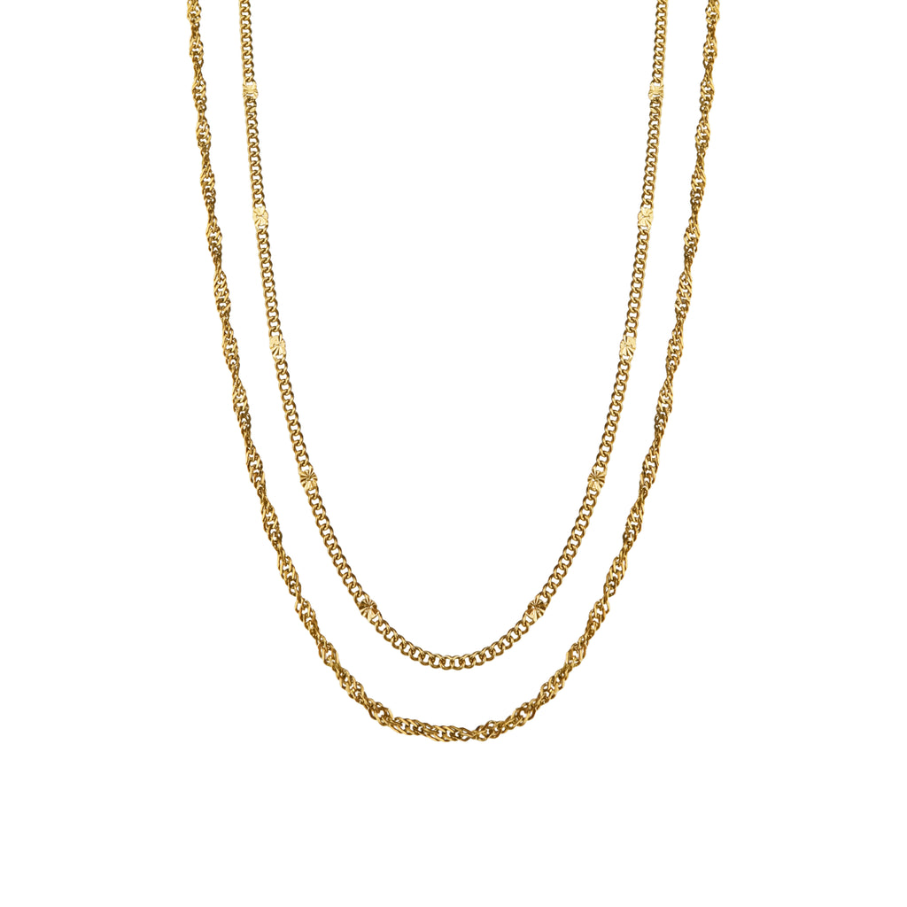 Double-layered necklace featuring a fine hammered curb chain and twisted chain in 14k gold-plated stainless steel