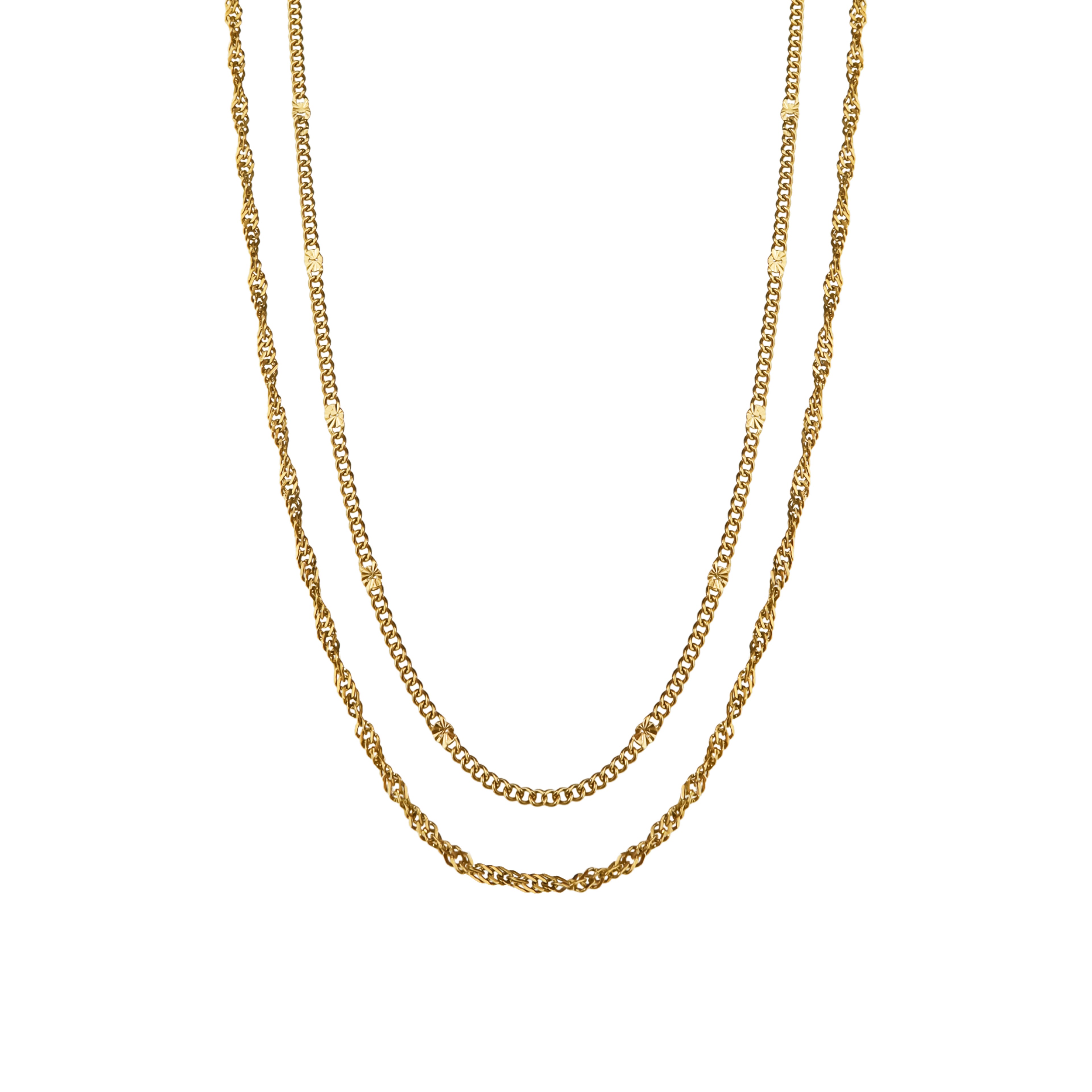 Double-layered necklace featuring a fine hammered curb chain and twisted chain in 14k gold-plated stainless steel