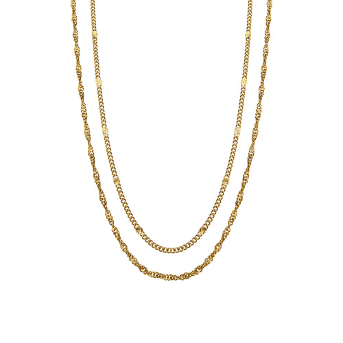 Double-layered necklace featuring a fine hammered curb chain and twisted chain in 14k gold-plated stainless steel