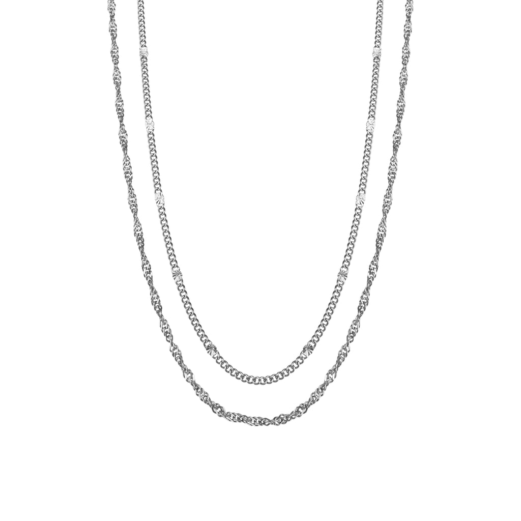 Double-layered necklace featuring a fine hammered curb chain and twisted chain in high quality stainless steel