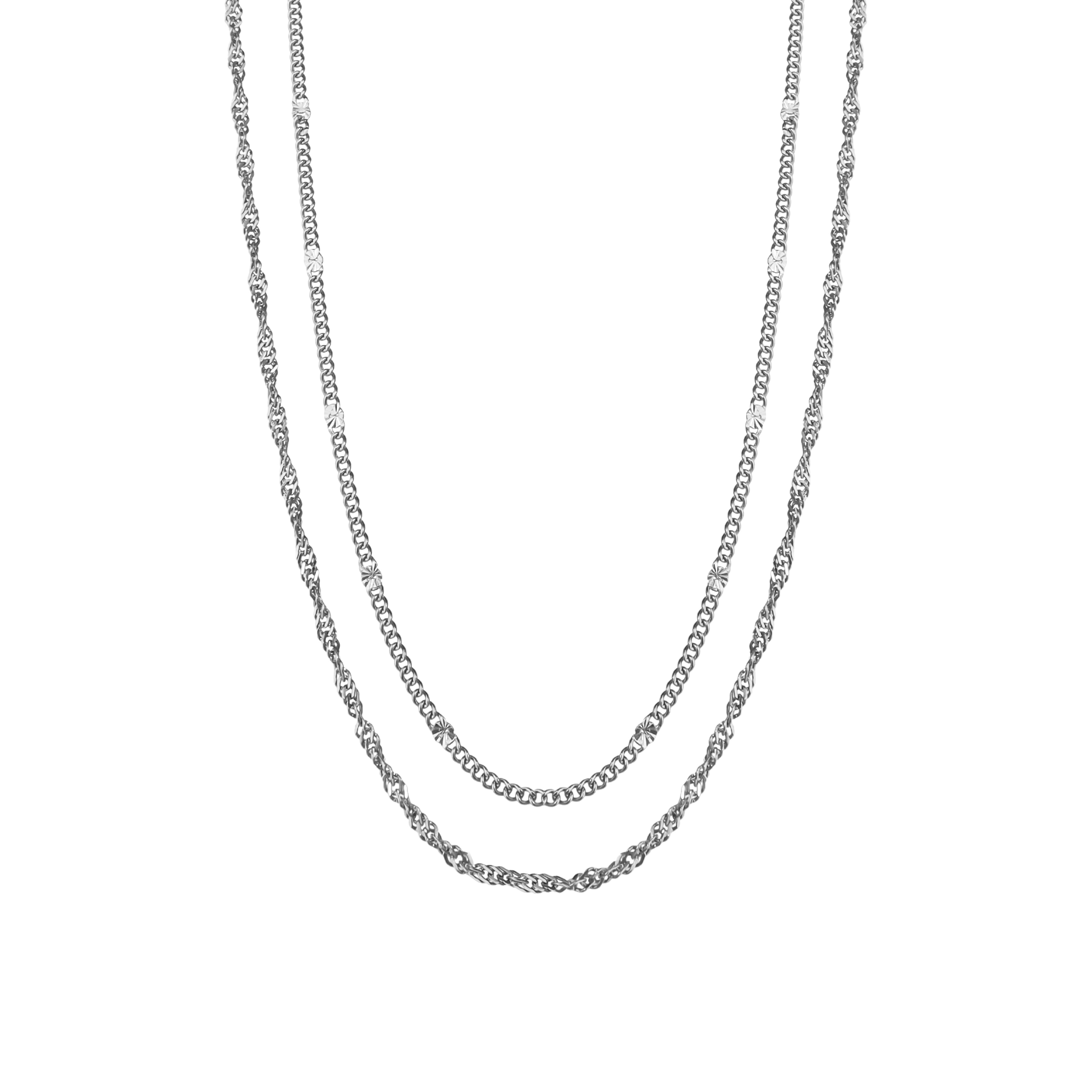 Double-layered necklace featuring a fine hammered curb chain and twisted chain in high quality stainless steel