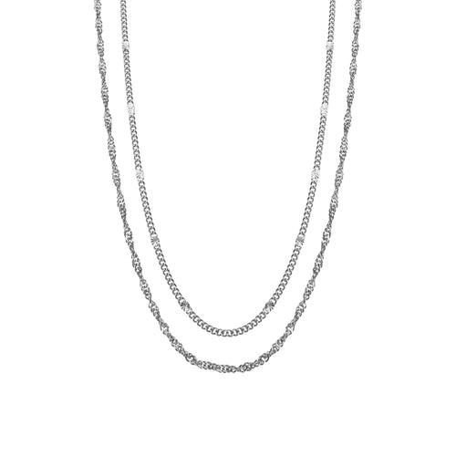 Double-layered necklace featuring a fine hammered curb chain and twisted chain in high quality stainless steel
