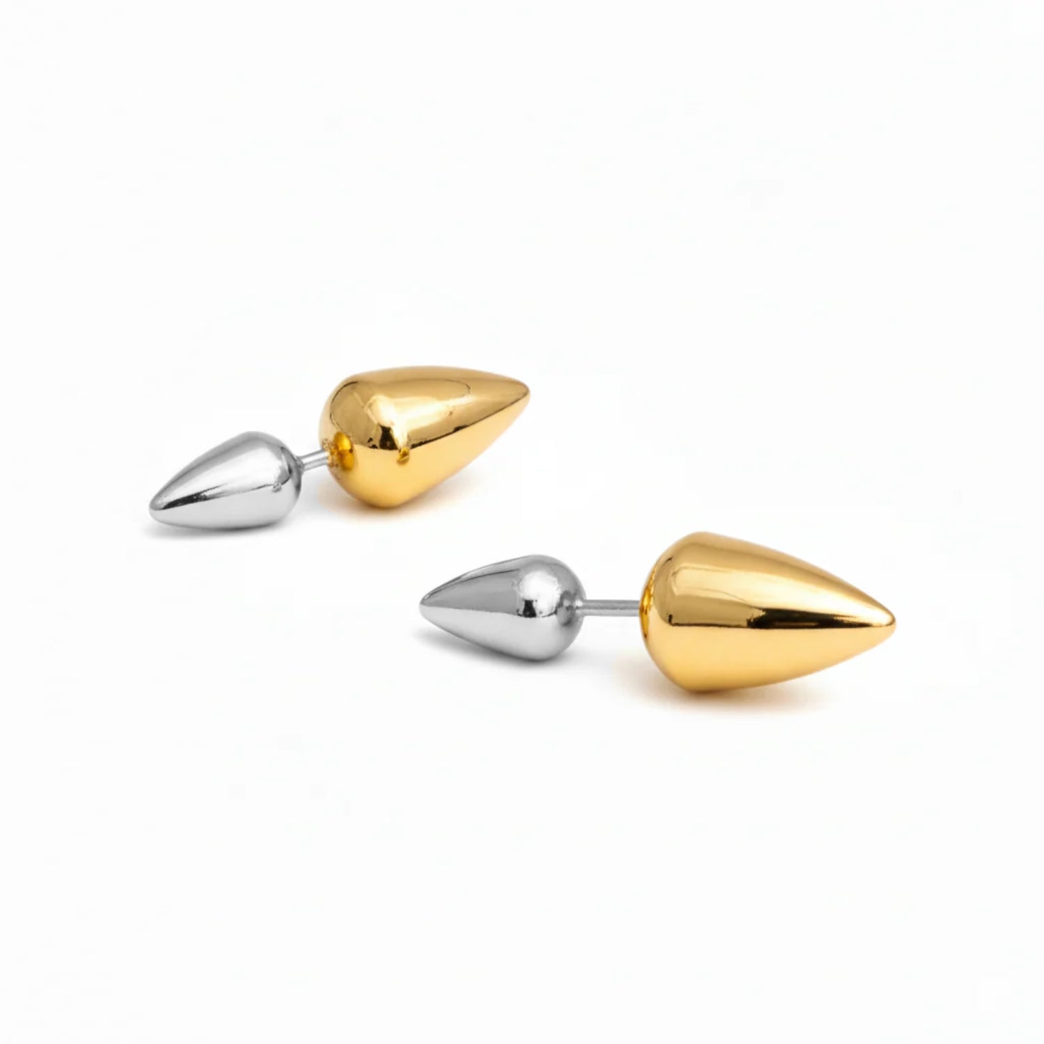 Sculptural two-tone double spike ear jacket earrings in 14k gold-plated and silver stainless steel
