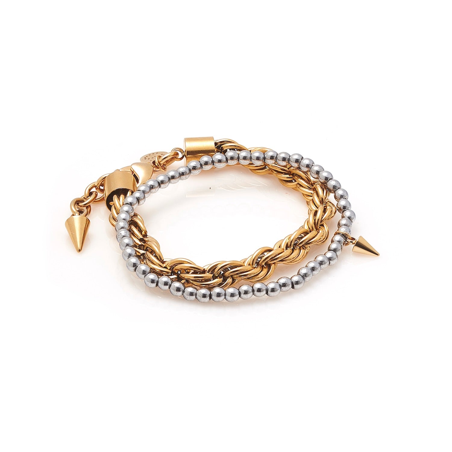 Silk & Steel Nova beaded bracelet in silver hematite with gold cubic zirconia.
