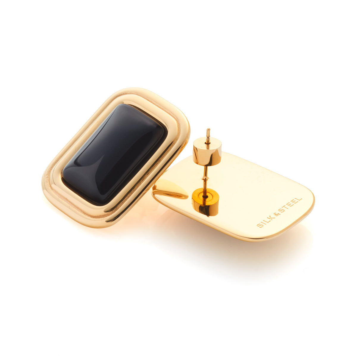 Silk & Steel Eclipse Earrings with black onyx in 14k gold-plated stainless steel.