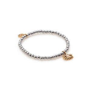 Silk & Steel Guardian beaded bracelet in  two-tone silver-plated hematite and gold charm with pearl.