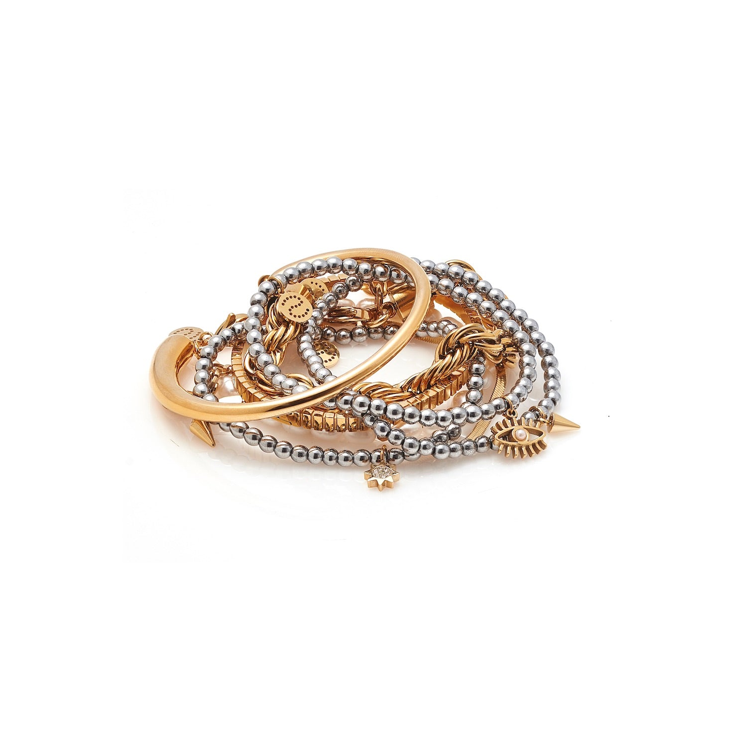 Silk & Steel Nova beaded bracelet in silver hematite with gold cubic zirconia.