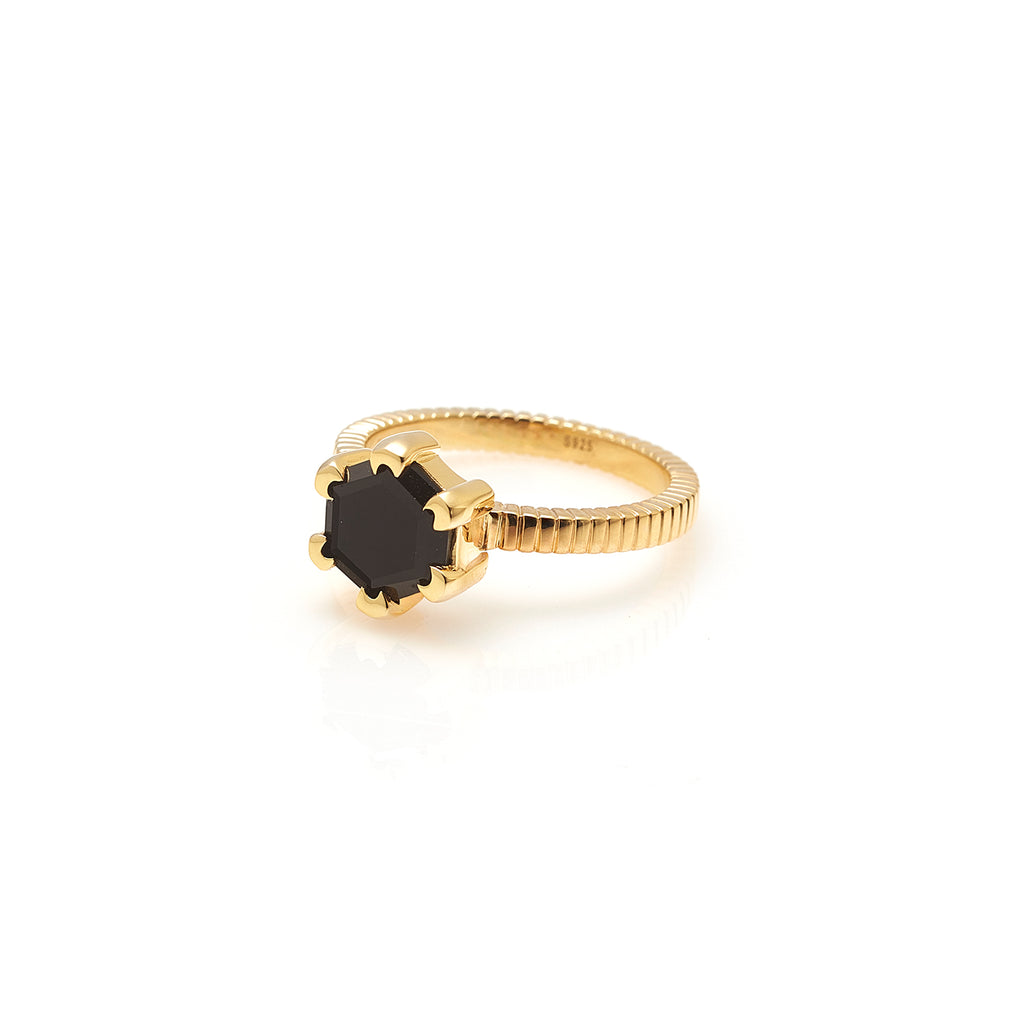 Silk & Steel Harmony solitaire ring with black spinel in 14k gold-plated sterling silver.