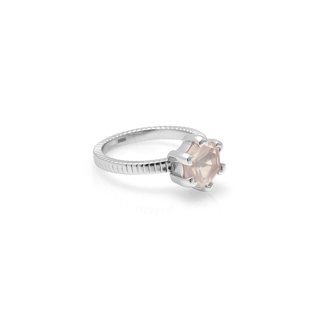 Silk & Steel Harmony solitaire ring with rose quartz in rhodium-plated sterling silver.