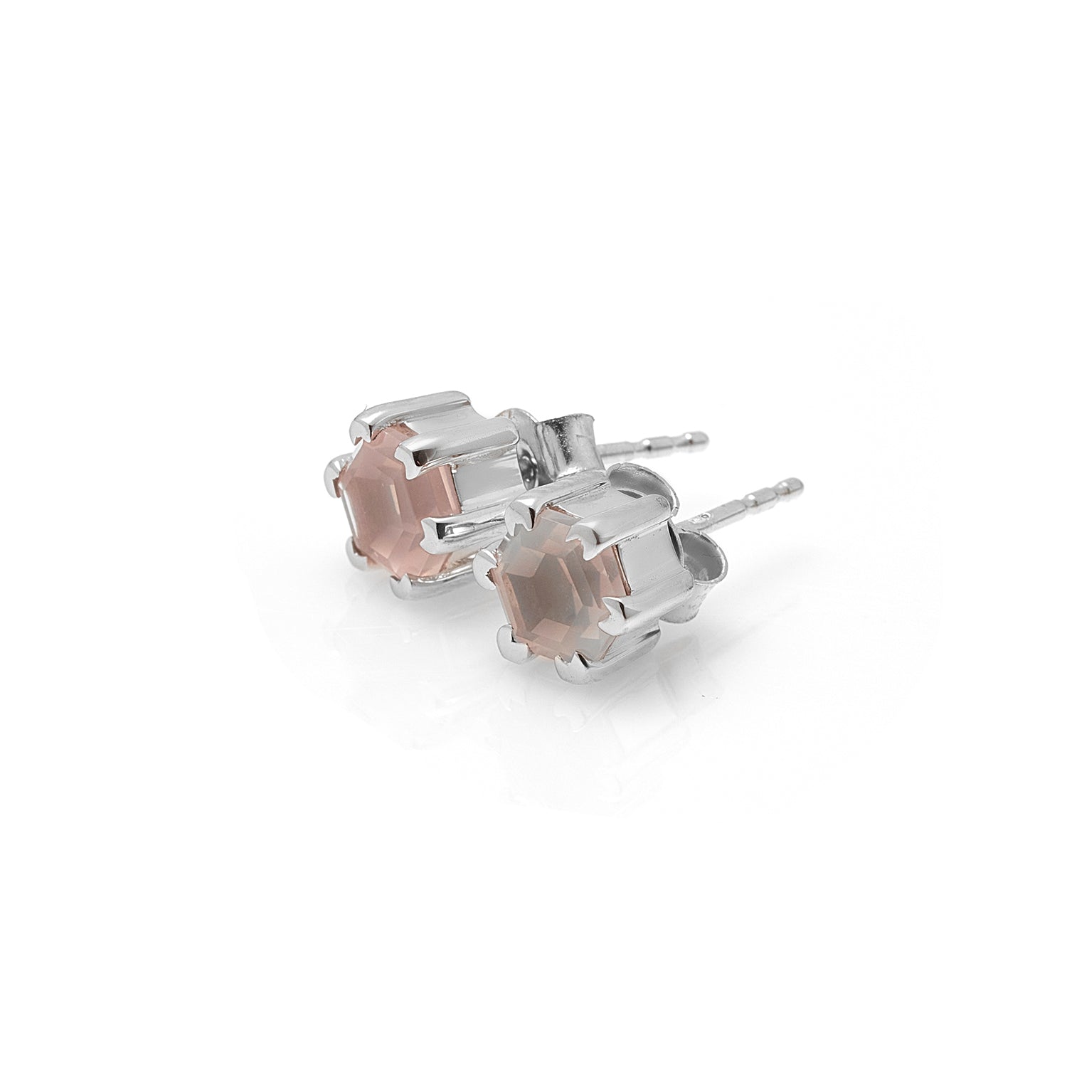 Silk & Steel Harmony stud earrings with rose quartz in rhodium-plated sterling silver.