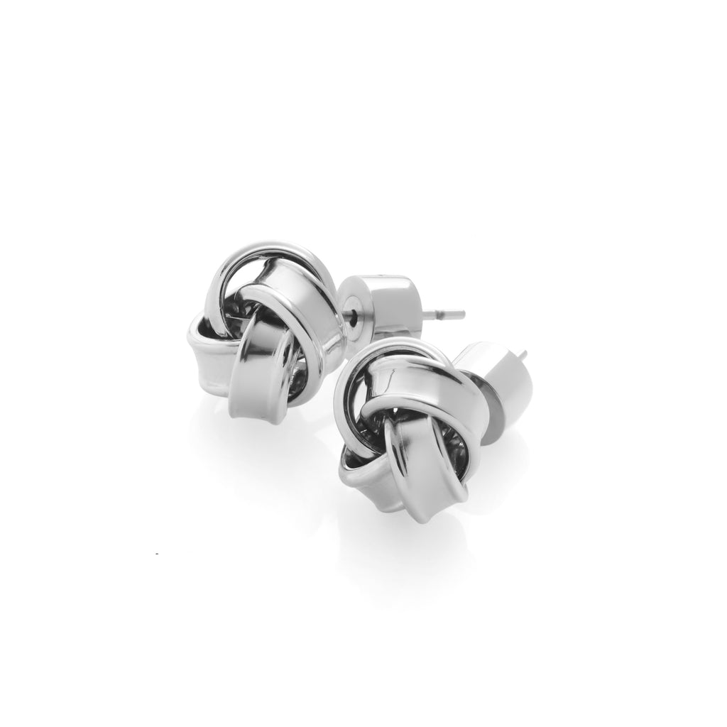 Silk & Steel Knot earrings in high polish silver stainless steel.