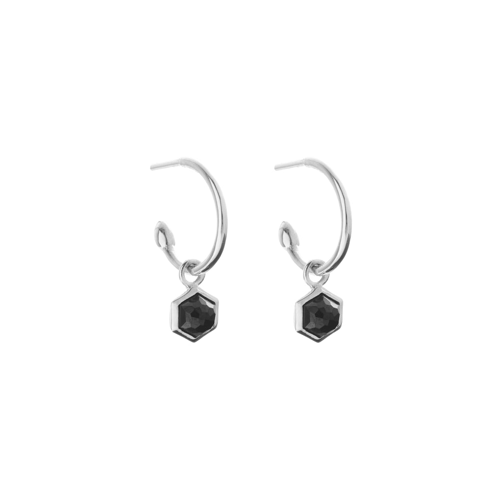 Silk & Steel Mini Harmony hoops with natural black spinel in rhodium-plated sterling silver