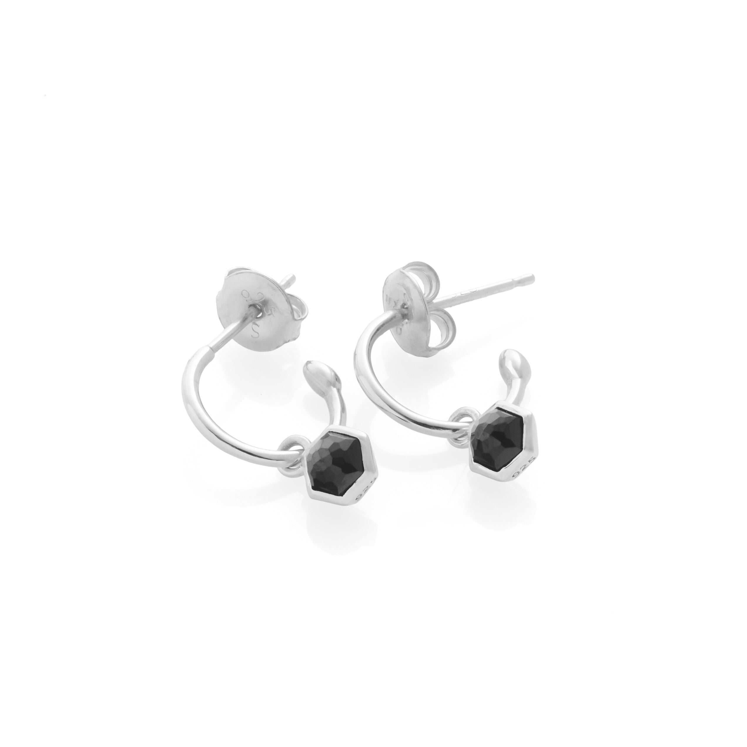 Silk & Steel Mini Harmony hoops with natural black spinel in rhodium-plated sterling silver