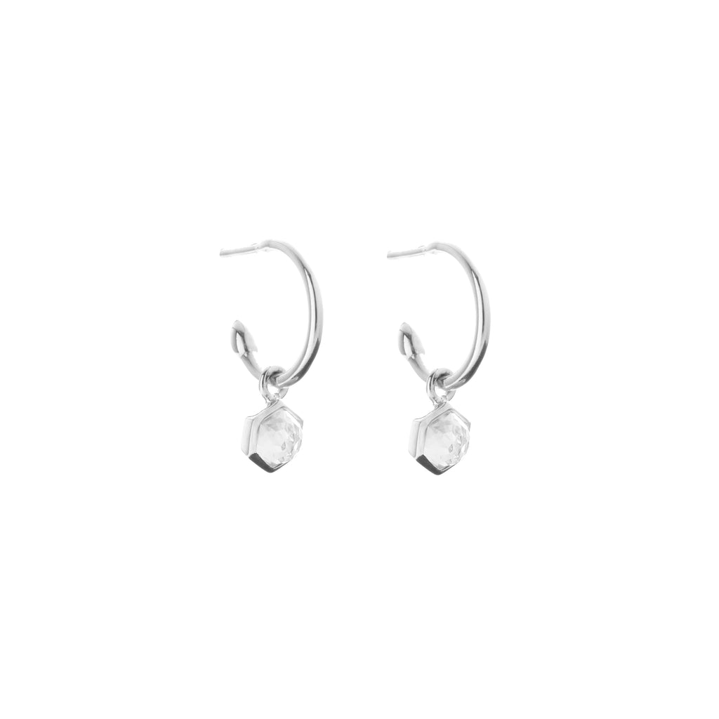 Silk & Steel Mini Harmony hoops with natural crystal quartz in rhodium-plated sterling silver