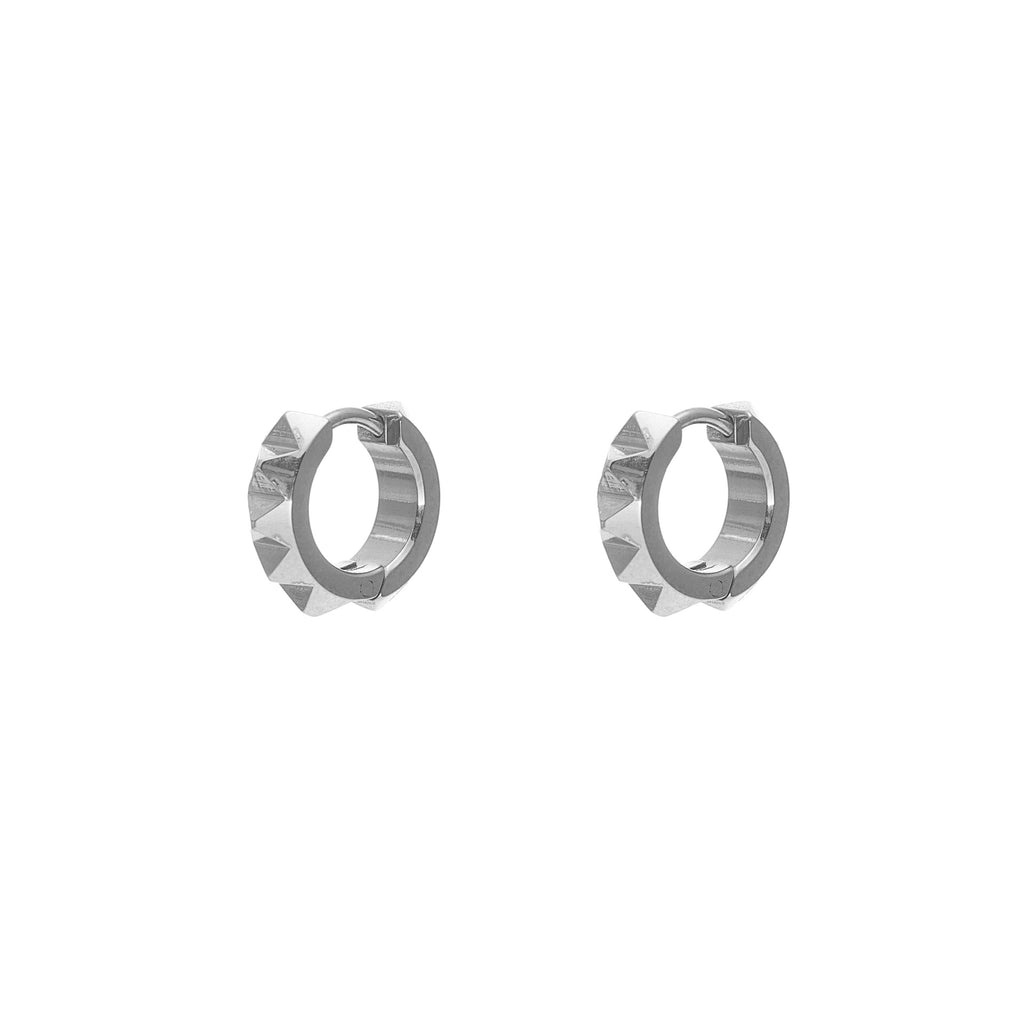 Mini sleeper hoop earrings with a pyramid spike detail in high quality stainless steel