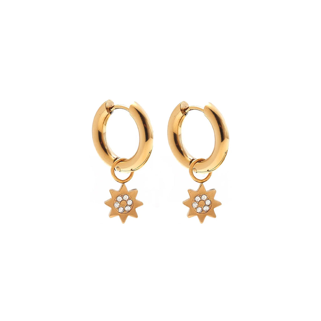 Silk & Steel Nova hoop earrings with cubic zirconia in 14k gold plated stainless steel.