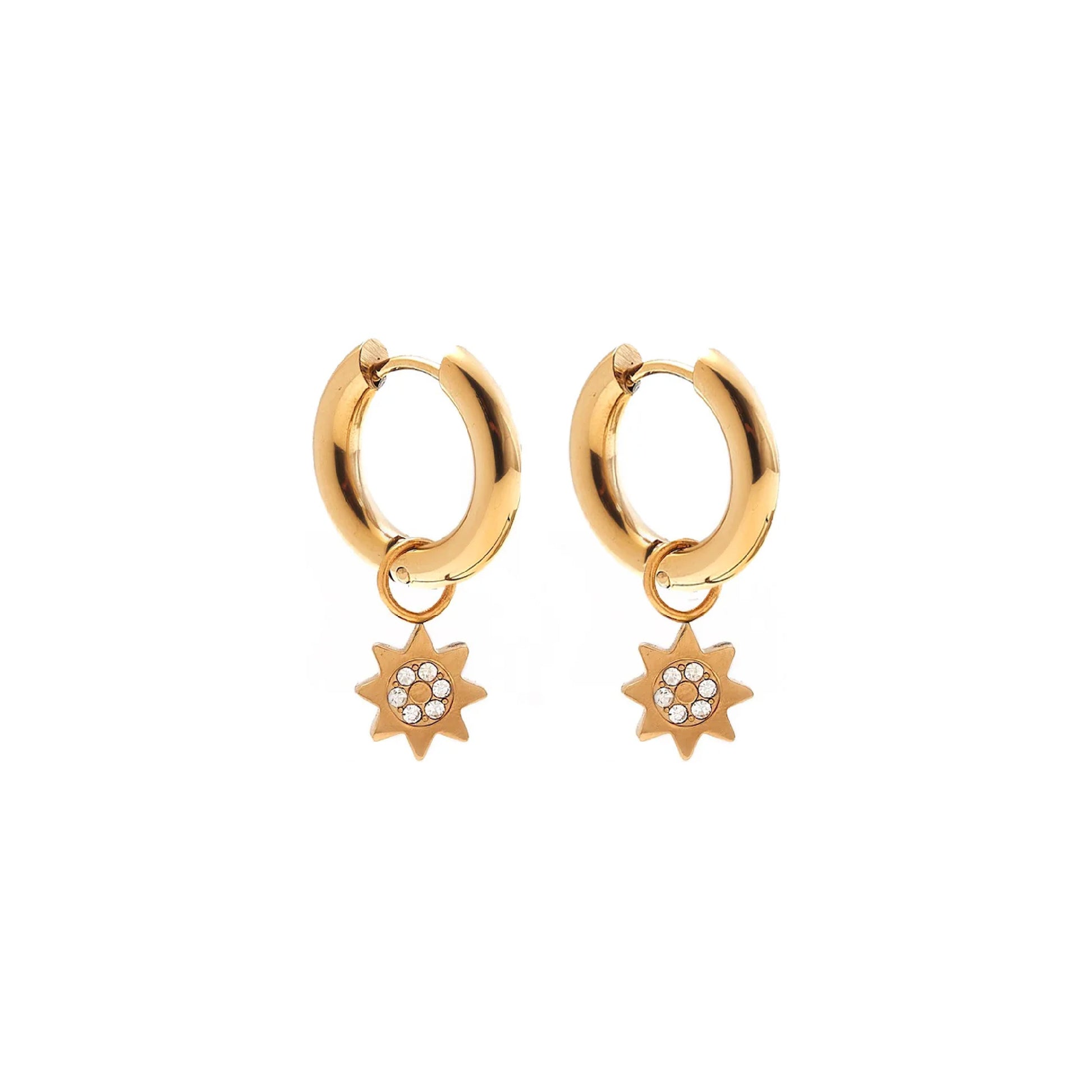 Silk & Steel Nova hoop earrings with cubic zirconia in 14k gold plated stainless steel.