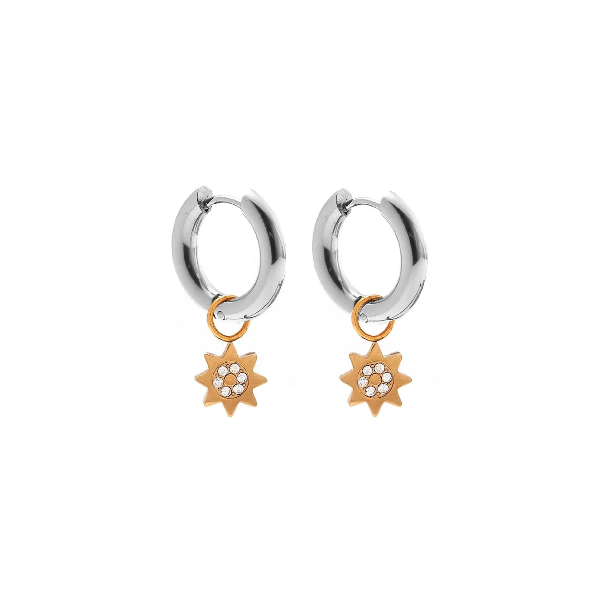 Silk & Steel Two-tone Nova hoop earrings with cubic zirconia in silver and gold-plated stainless steel.