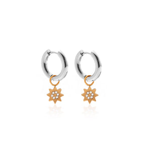 Silk & Steel Two-tone Nova hoop earrings with cubic zirconia in silver and gold-plated stainless steel.