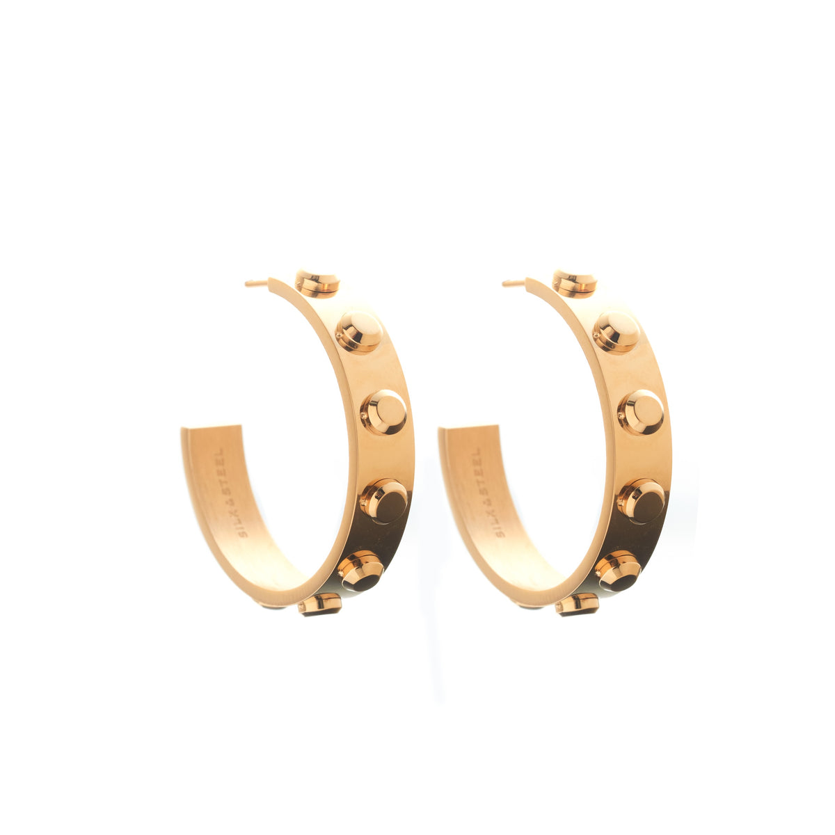 Silk & Steel Odyssée Hoop Earrings in premium 14k gold-plated stainless steel with signature stud detailing.