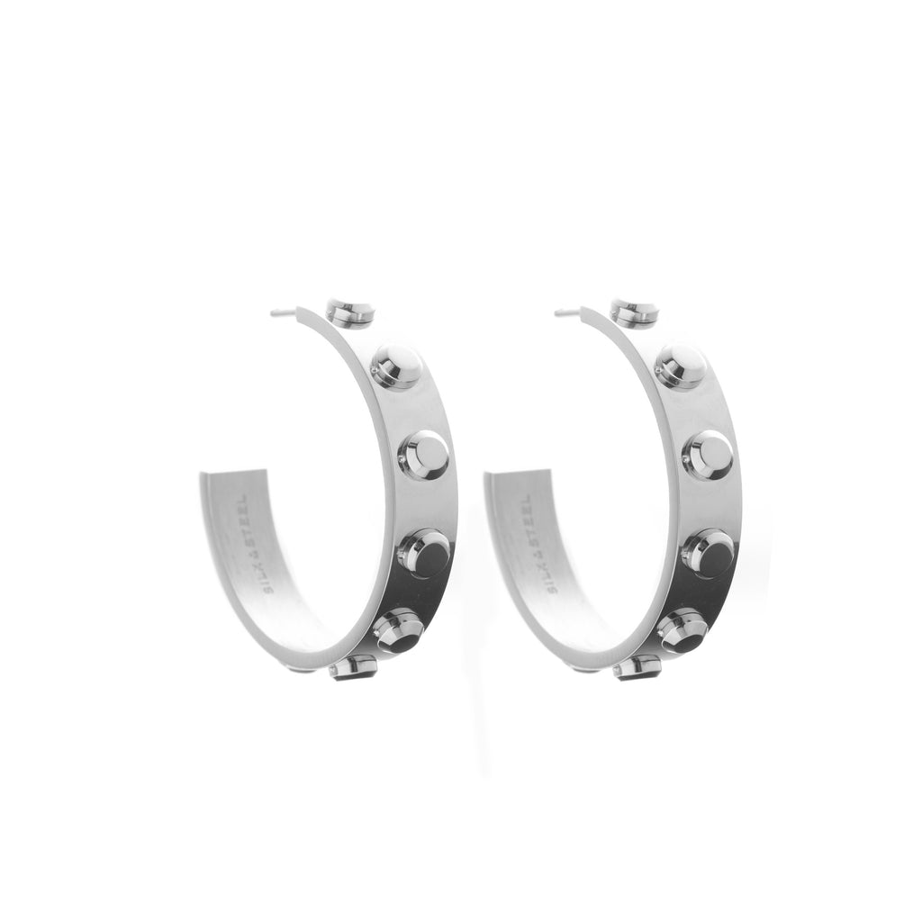 Silk & Steel Odyssée Hoop Earrings in premium high-polished stainless steel with signature stud detailing.