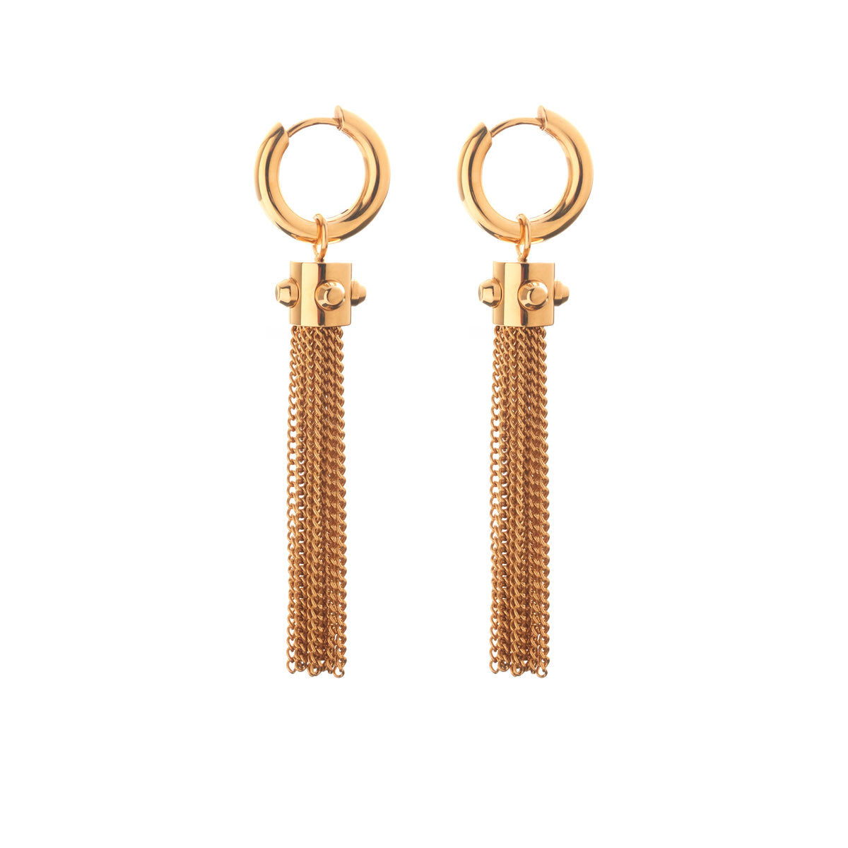 Silk & Steel Odyssée Tassel Hoop Earrings in premium 14k gold-plated stainless steel with statement tassel chains.