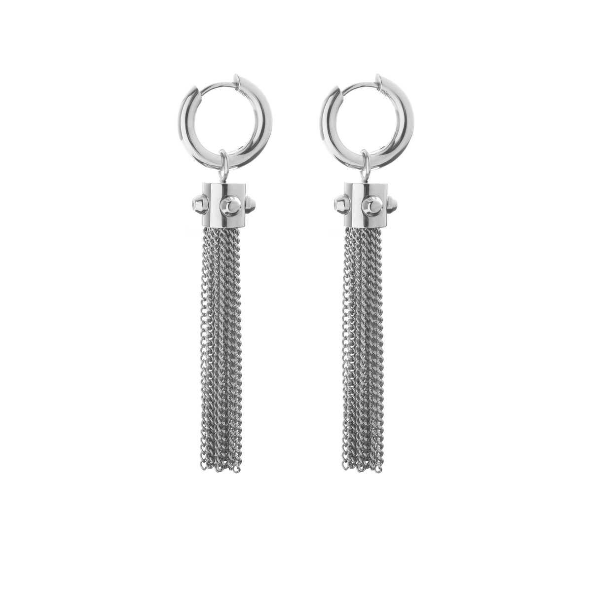 Silk & Steel Odyssée Tassel Hoop Earrings in premium high-polished stainless steel with statement tassel chains.