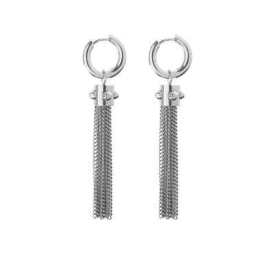 Silk & Steel Odyssée Tassel Hoop Earrings in premium high-polished stainless steel with statement tassel chains.