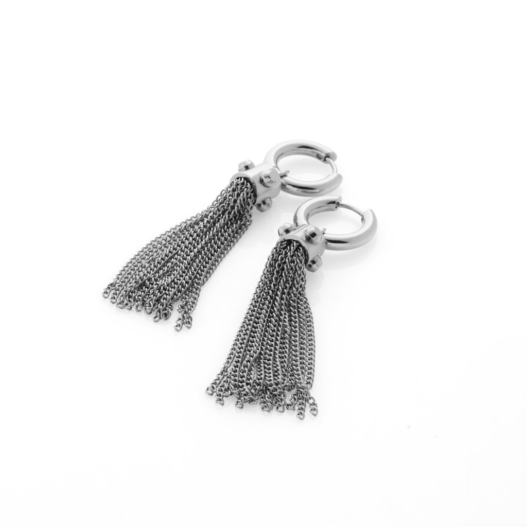 Silk & Steel Odyssée Tassel Earrings with black onyx in high polish stainless steel.