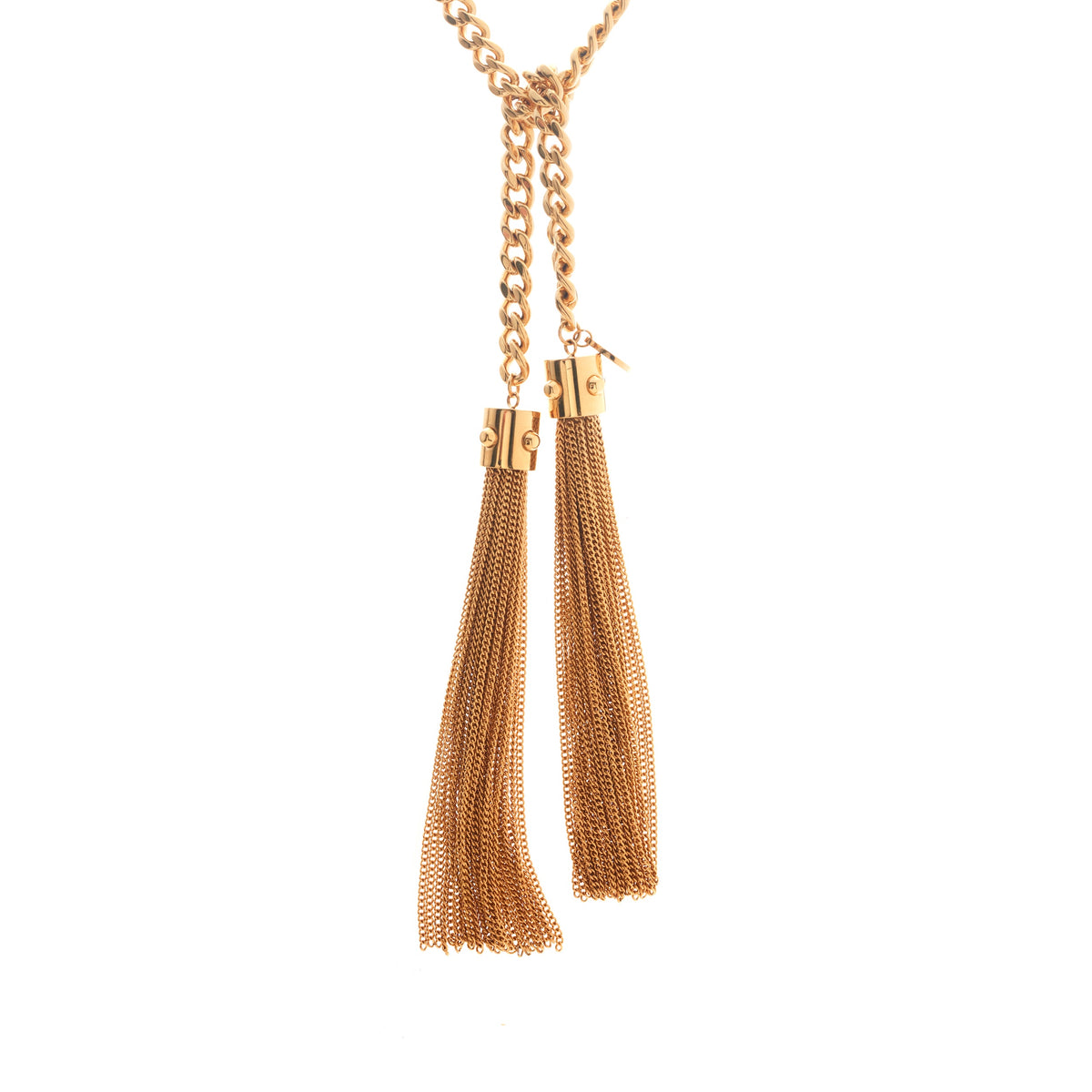Silk & Steel Odyssée Tassel Lariat in 14k gold-plated stainless steel with signature stud detailing and tassel chains.