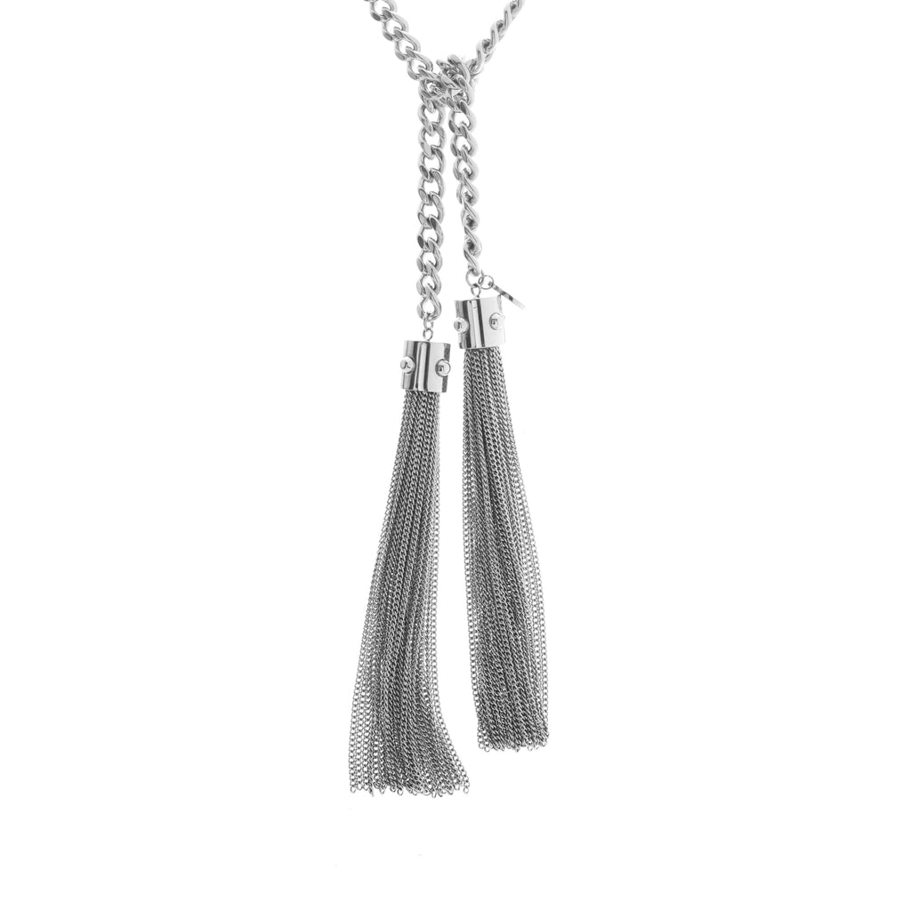 Silk & Steel Odyssée Tassel Lariat in polished stainless steel with signature stud detailing and tassel chains.